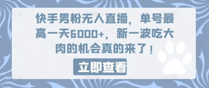 快手男粉无人直播，单号最高一天6000+，新一波吃大肉的机会真的来了-网创项目总站