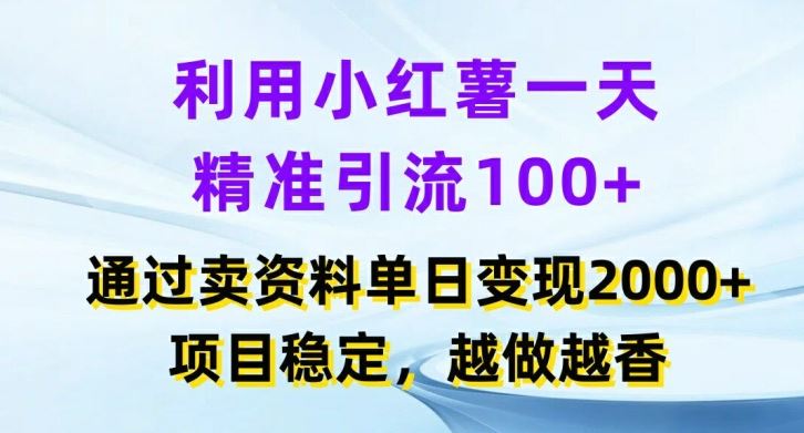 利用小红书一天精准引流100+，通过卖项目单日变现2k+，项目稳定，越做越香【揭秘】-网创项目总站