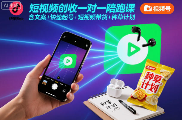 短视频创收一对一陪跑课，含文案+快速起号+短视频带货+种草计划-网创项目总站