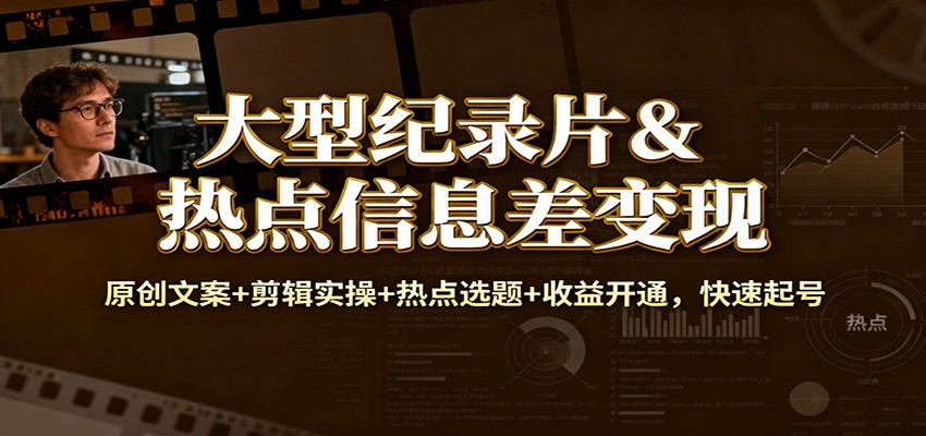 大型纪录片&热点信息差变现：原创文案+剪辑实操+热点选题+收益开通，快速起号-网创项目总站