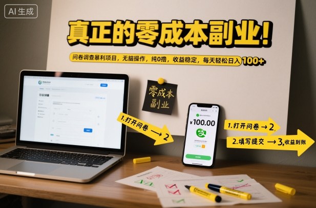 真正的零成本副业！问卷调查暴利项目，无脑操作，纯0撸，收益稳定，每天轻松日入100+【揭秘】-网创项目总站