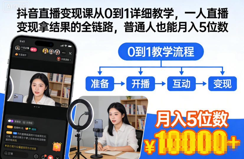 抖音直播变现课从0到1详细教学，一人直播变现拿结果的全链路，普通人也能月入5位数-网创项目总站