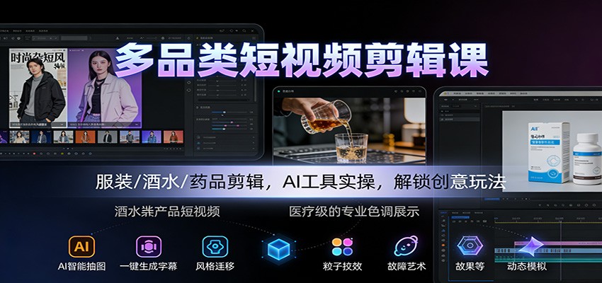 多品类短视频剪辑课：服装/酒水/药品剪辑，AI工具实操，解锁创意玩法-网创项目总站