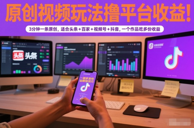 原创视频玩法撸平台收益，3分钟一条原创，适合头条+百家+视频号+抖音，一个作品吃多份收益-网创项目总站