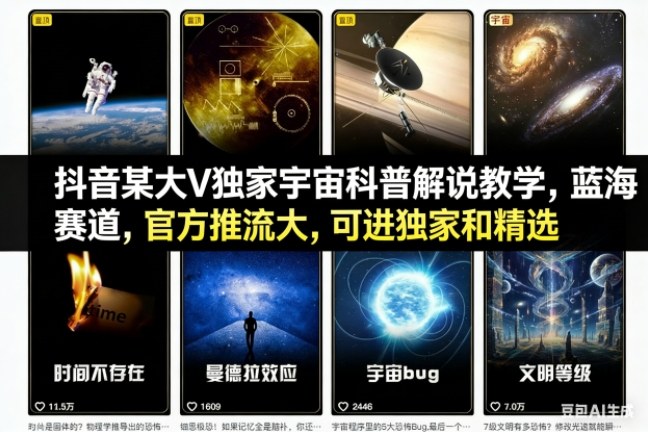 抖音某大V独家宇宙科普解说教学，蓝海赛道，官方推流大，可进独家和精选-网创项目总站