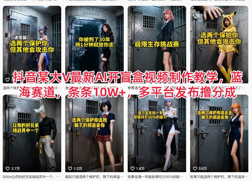 抖音某大V最新AI开盲盒视频制作教学，蓝海赛道，条条10W+，多平台发布撸分成-网创项目总站