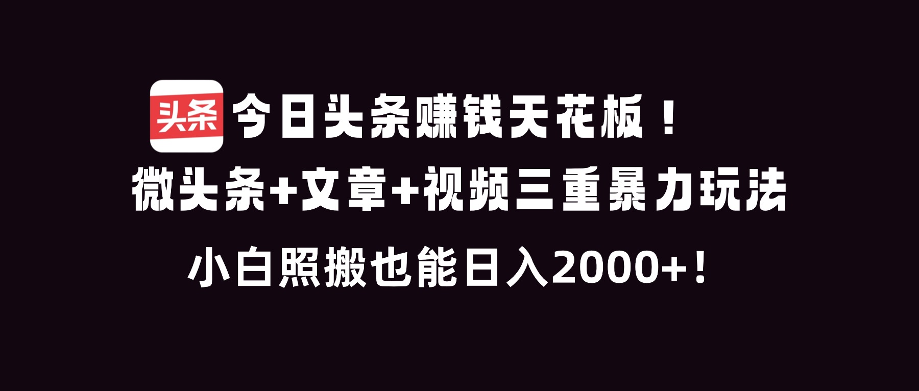 今日头条赚钱天花板！微头条+文章+视频三重暴利玩法，小白照搬也能日人2000+-网创项目总站
