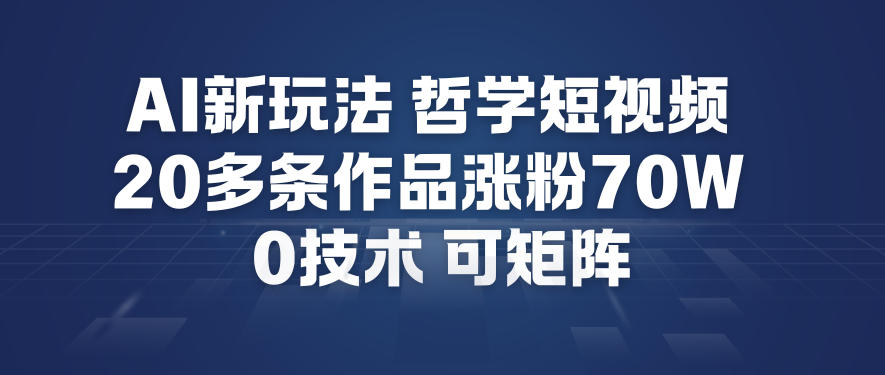 AI新玩法哲学短视频制作教学，20多条作品涨粉70W，0成本赛道，可矩阵-网创项目总站
