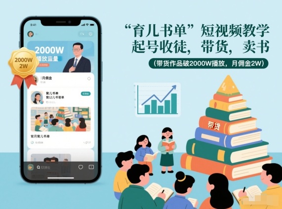 育儿书单短视频教学，起号收徒，带货，卖书(带货作品破2000W播放，月佣金2W)-网创项目总站
