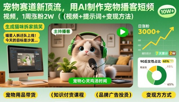 宠物赛道新顶流，用AI制作宠物播客短视频，1周涨粉2W(视频+提示词+变现方法)-网创项目总站