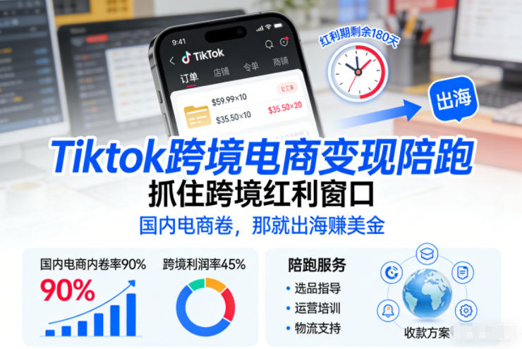 Tiktok跨境电商变现陪跑，抓住跨境红利窗口，国内电商卷，那就出海賺美金-网创项目总站