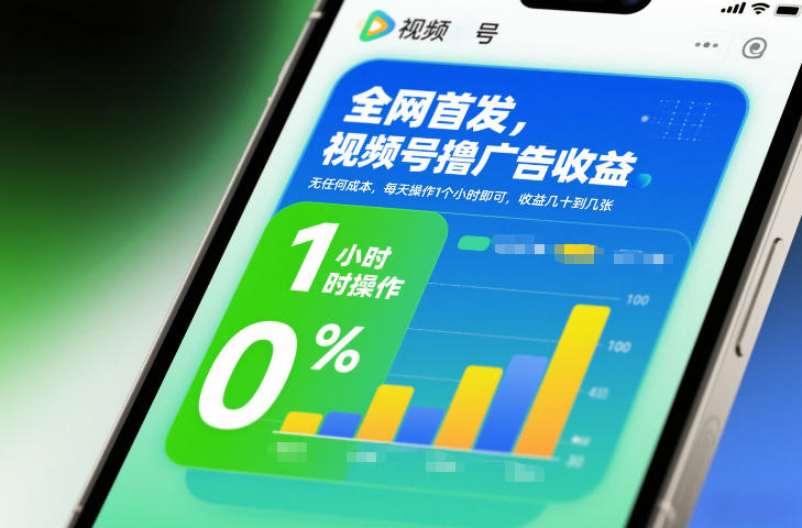 全网首发，视频号撸广告收益，无任何成本，每天操作1个小时即可，收益几十到几张-网创项目总站