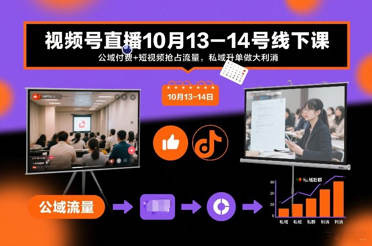 视频号直播10月13-14号线下课，公域付费+短视频抢占流量，私域升单做大利消-网创项目总站