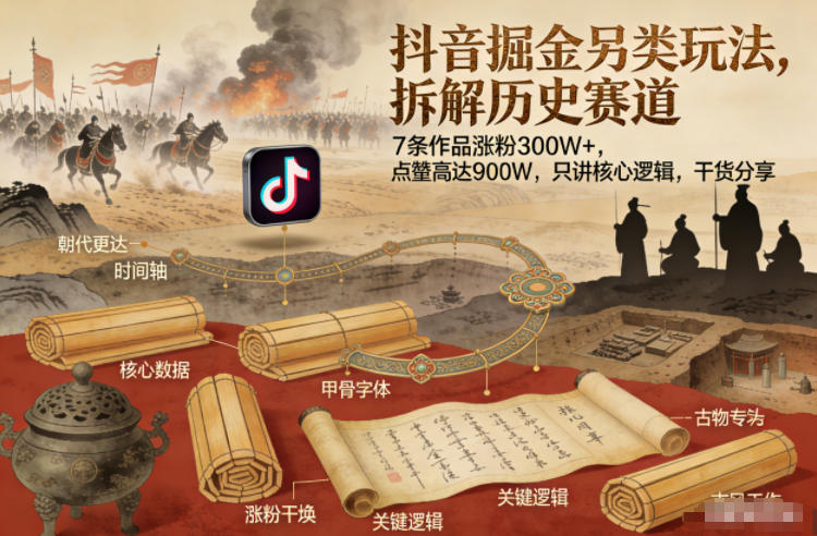 抖音掘金另类玩法，拆解历史赛道，7条作品涨粉300W+，点赞量高达900W，只讲核心逻辑，干货分享-网创项目总站