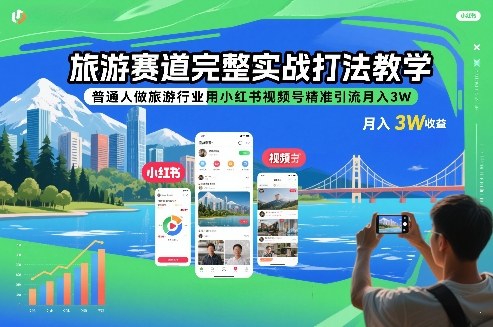 旅游赛道完整实战打法教学，普通人做旅游行业用小红书视频号精准引流月入3W-网创项目总站