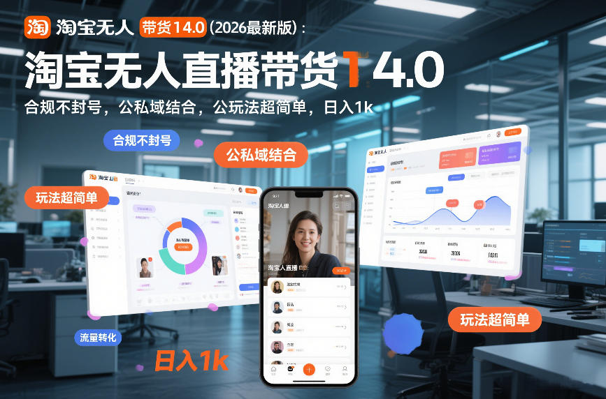 淘宝无人直播带货14.0(2026最新版)：合规不封号，公私域结合，玩法超简单，日入1k+【揭秘】-网创项目总站