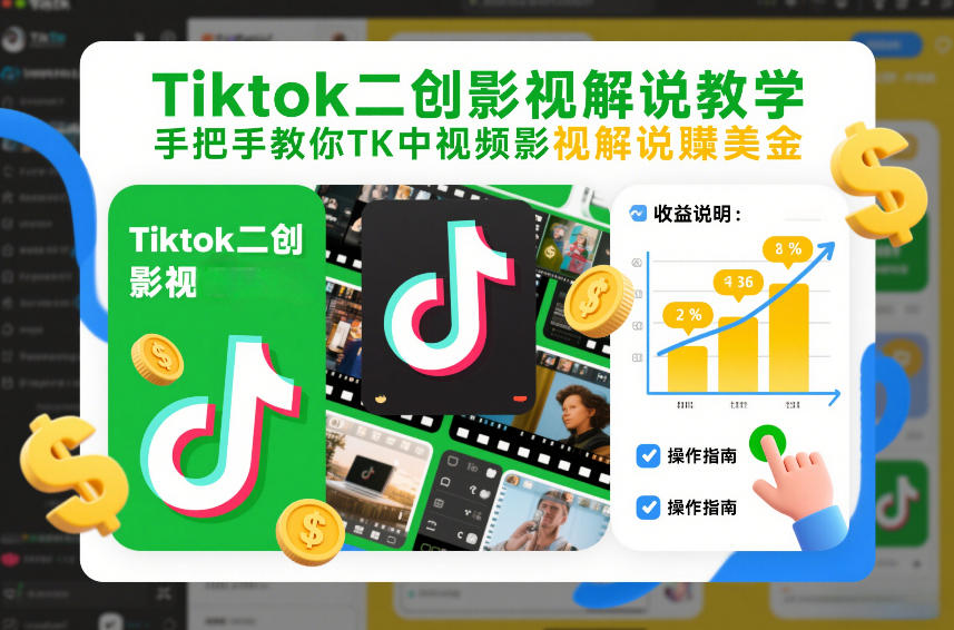 Tiktok二创影视解说教学，手把手教你TK中视频影视解说賺美金(更新26年1月)-网创项目总站