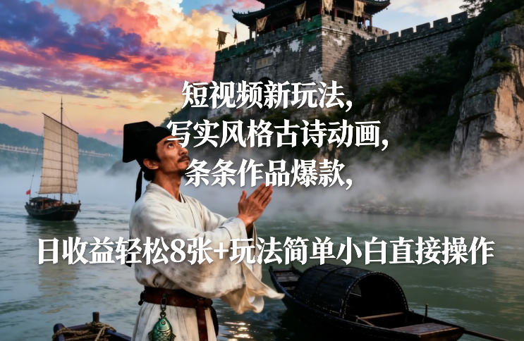 短视频新玩法，写实风格古诗动画，条条作品爆款，日收益轻松8张+玩法简单小白直接操作-网创项目总站