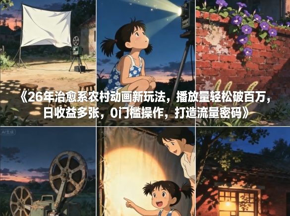 26年治愈系农村动画新玩法，播放量轻松破百万，日收益多张，0门槛操作，打造流量密码-网创项目总站