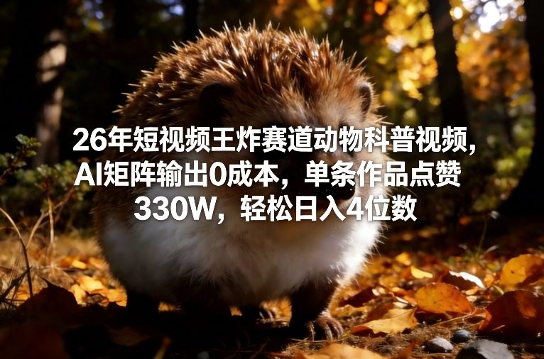 26年短视频王炸赛道动物科普视频，AI矩阵输出0成本，单条作品点赞330W，轻松日入4位数-网创项目总站