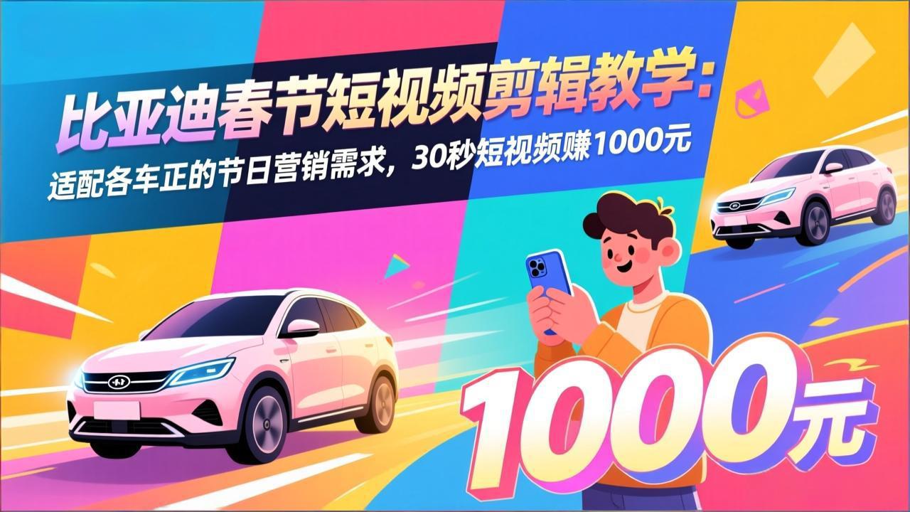 比亚迪春节短视频剪辑教学:适配各车企的节日营销需求,30秒短视频赚1000元-网创项目总站