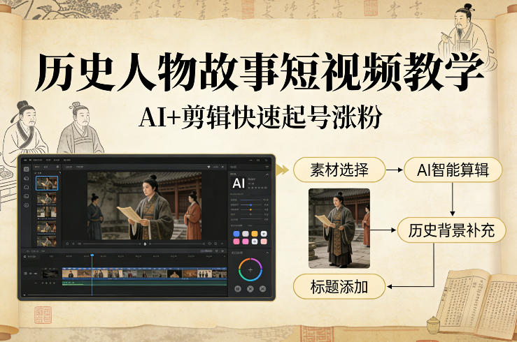 历史人物故事短视频教学，AI+剪辑制作历史人物题材短视频，快速起号涨粉-网创项目总站