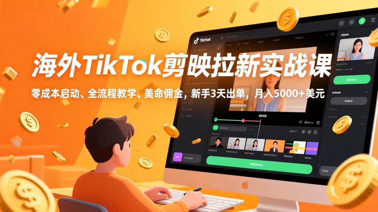海外TikTok剪映拉新实战课，零成本启动、全流程教学、美金佣金，新手3天出单，月入5000+美元-网创项目总站