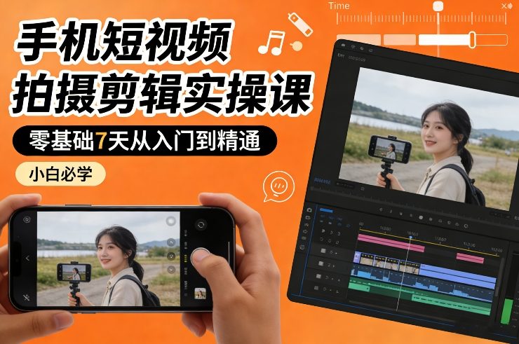 手机短视频拍摄剪辑实操课，零基础7天从入门到精通，小白必学-网创项目总站