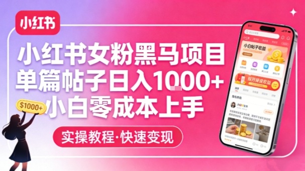 小红书女粉黑马项目，单篇帖子日入1k+，小白零成本上手-网创项目总站