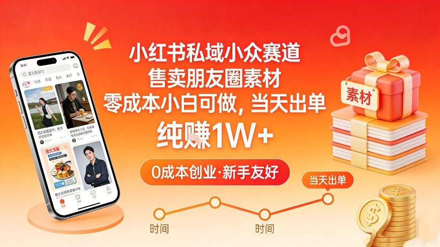 小红书私域小众赛道，售卖朋友圈素材，零成本小白可做，当天出单，月入1W+-网创项目总站