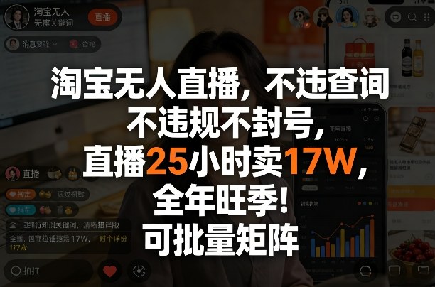 淘宝无人直播,不违规不封号,直播25小时卖17W,全年旺季!可批量矩阵【揭秘】-网创项目总站