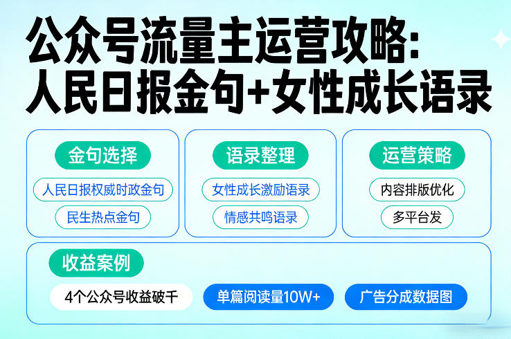 利用人民日报金句+女性成长语录做公众号流量主，4个公众号收益破千-网创项目总站