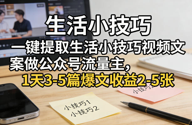 一键提取生活小技巧视频文案做公众号流量主，1天3-5篇爆文收益2-5张-网创项目总站