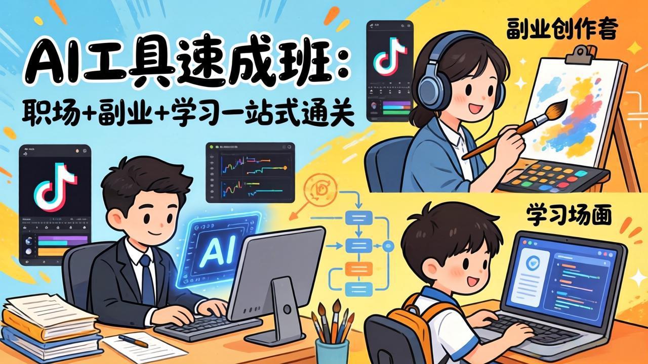 AI工具速成班：职场+副业+学习一站式通关，20+爆款类型+剪映技巧+抖音算法，0基础快速上手-网创项目总站