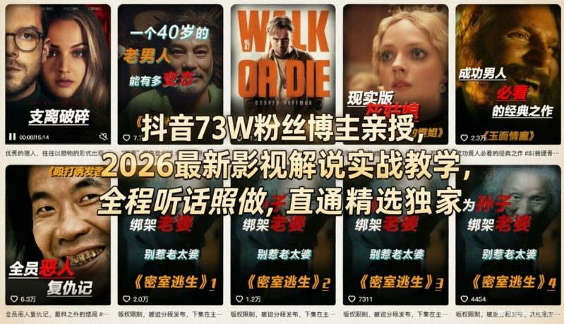 抖音73W粉丝博主亲授，2026最新影视解说实战教学，全程听话照做，直通精选独家-网创项目总站