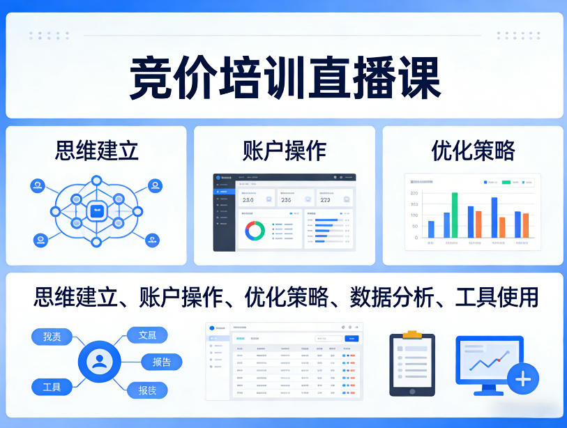 竞价培训直播课，覆盖思维建立、账户操作、优化策略、数据分析、工具使用等，全方位提升效果-网创项目总站
