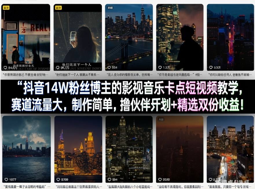 抖音14W粉丝博主的影视音乐卡点短视频教学，赛道流量大，制作简单，撸伙伴计划+精选双份收益！-网创项目总站