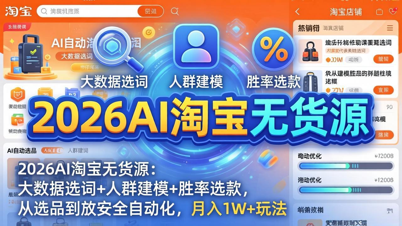 2026AI淘宝无货源：大数据选词+人群建模+胜率选款，从选品到放大全自动化，月入1W+玩法-网创项目总站