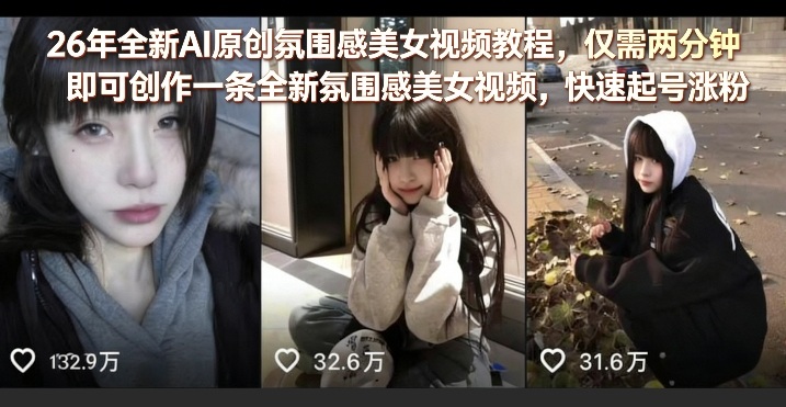 26年全新AI原创氛围感美女视频教程,仅需两分钟即可创作一条全新氛围感美女视频,快速起号涨粉-网创项目总站