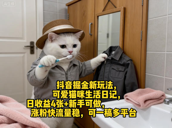 抖音掘金新玩法，可爱猫咪生活日记，日收益4张+新手可做，涨粉快流量稳，可一稿多平台-网创项目总站
