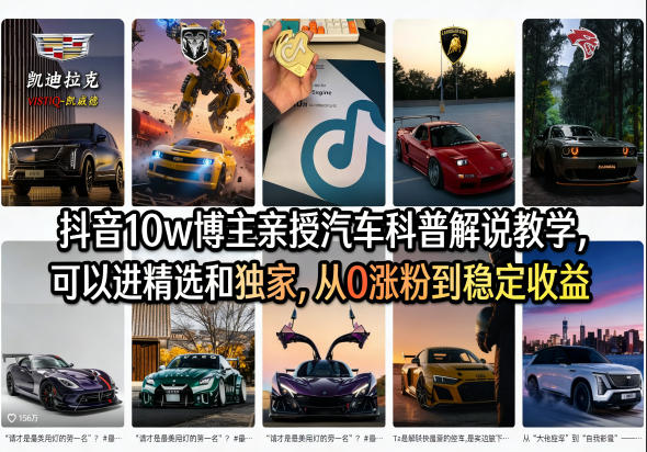 抖音10w博主亲授汽车科普解说教学，可以进精选和独家，从0涨粉到稳定收益(详细视频课程+1T素材)-网创项目总站