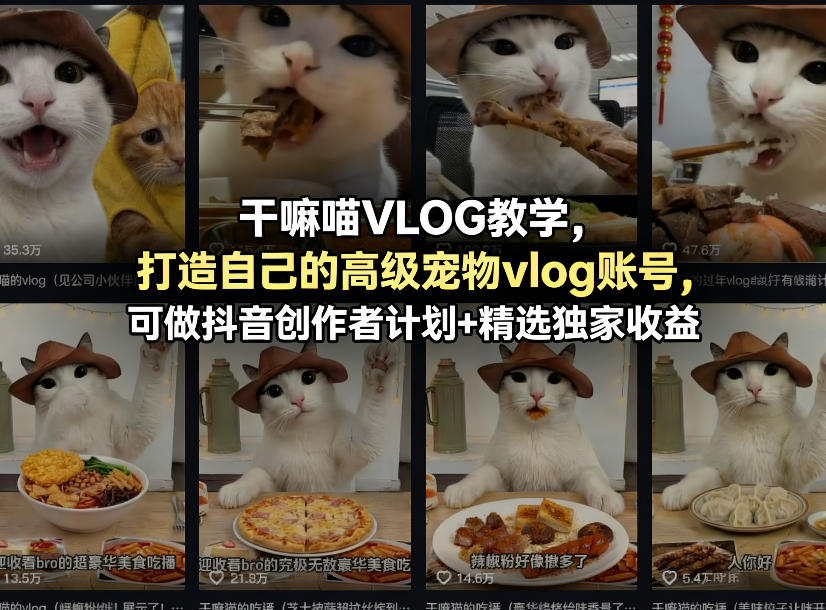干嘛喵VLOG教学，打造自己的高级宠物vlog账号，可做抖音创作者计划+精选独家收益-网创项目总站