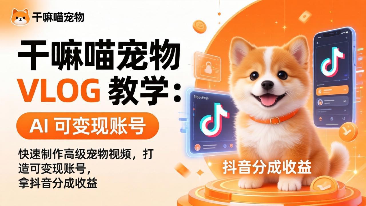 干嘛喵宠物 VLOG 教学：AI 快速制作高级宠物视频，打造可变现账号，拿抖音分成收益-网创项目总站