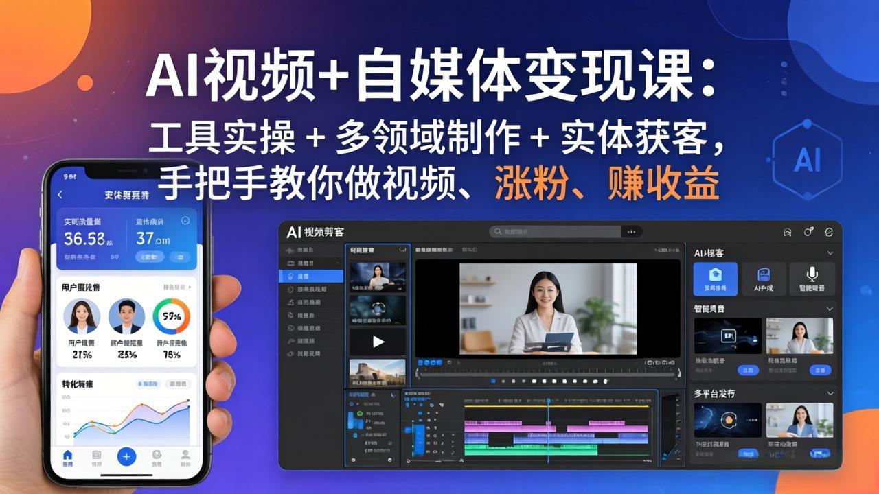 AI视频+自媒体变现课：工具实操 + 多领域制作 + 实体获客，手把手教你做视频、涨粉、赚收益-网创项目总站