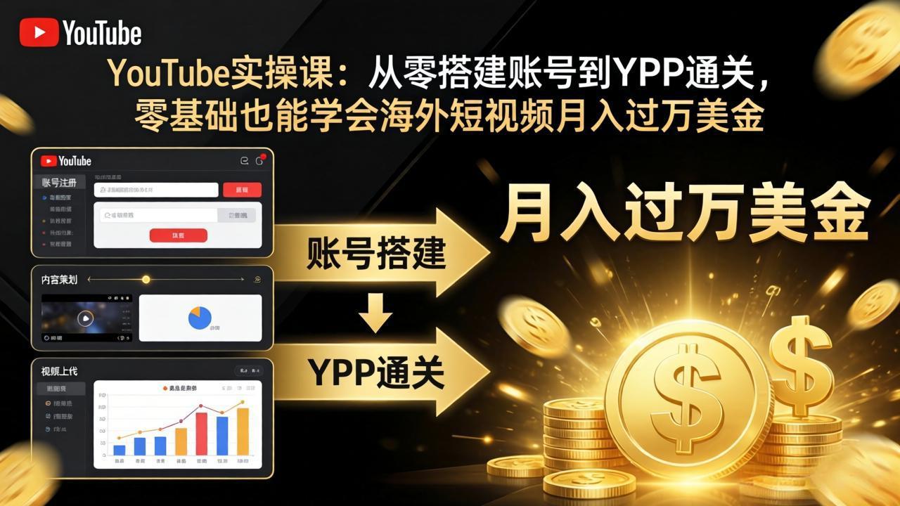 YouTube实操课：从零搭建账号到YPP通关，零基础也能学会海外短视频月入过万美金-网创项目总站
