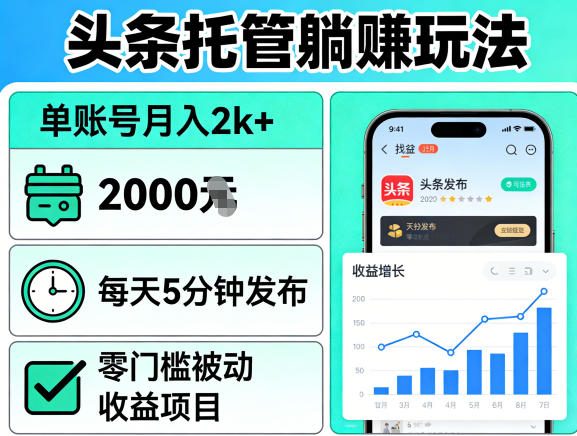 头条托管躺賺玩法，单账号月入2k+，每天5分钟发布即可，零门槛被动收益项目【揭秘】-网创项目总站