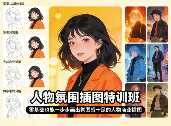 人物氛围插图特训班，零基础也能一步步画出氛围感十足的人物商业插图-网创项目总站
