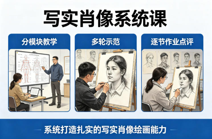 写实肖像系统课，全程分模块教学+多轮示范+逐节作业点评，系统打造扎实的写实肖像绘画能力-网创项目总站