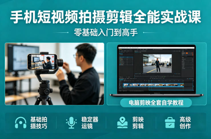手机短视频拍摄剪辑全能实战课：零基础入门到高手，稳定器运镜+电脑剪映全套自学教程-网创项目总站