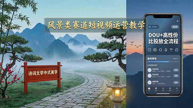 风景类赛道短视频运营教学:诗词文学中式美学,新号养号对标账号定位,DOU+高性价比投放全流程-网创项目总站